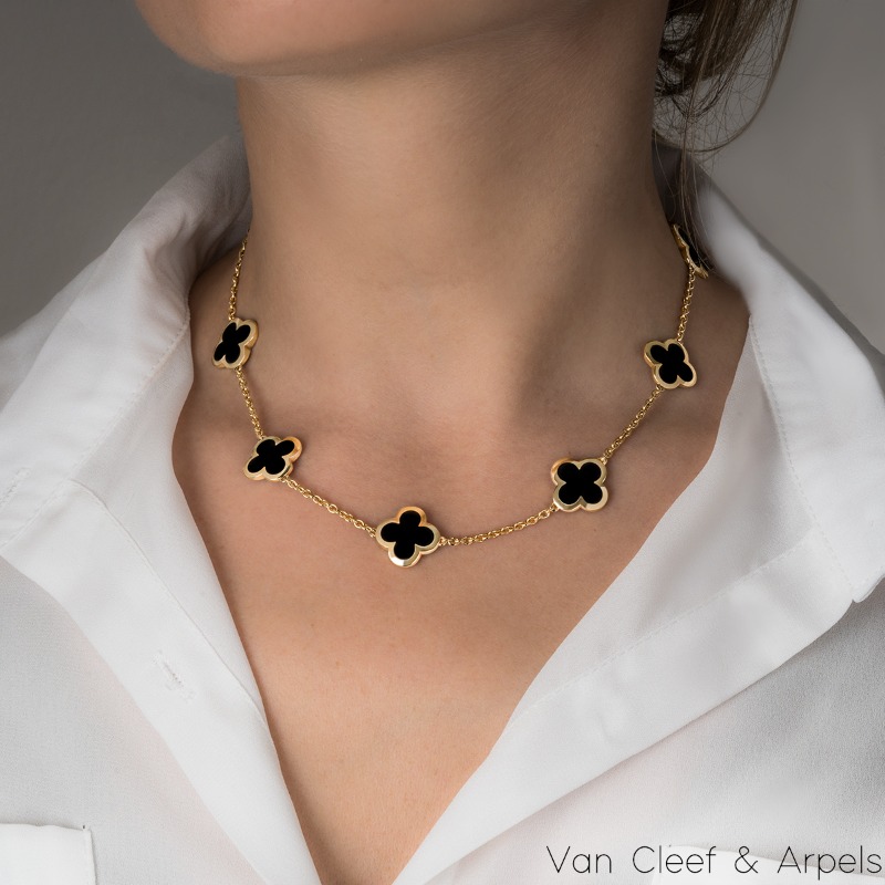 Van Cleef & Arpels Yellow Gold Onyx Pure Alhambra Necklace Rich Diamonds