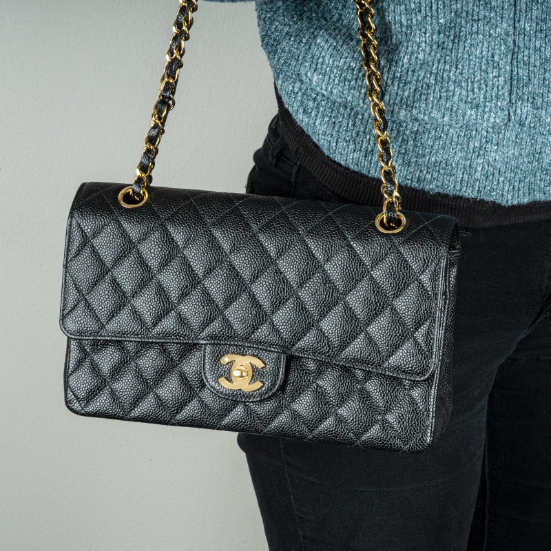 Chanel Vintage 24k Black Caviar Medium Classic Double Flap Bag | Rich Diamonds Chanel Vintage 24k Black Caviar Medium Classic Double Flap Bag | Rich Diamonds