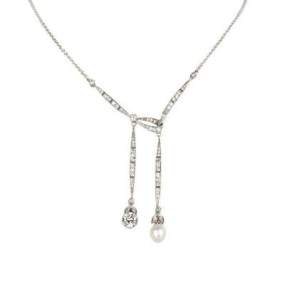Round Brilliant Cut Diamond and Pearl Necklace in Platinum 1.00ct H/SI1