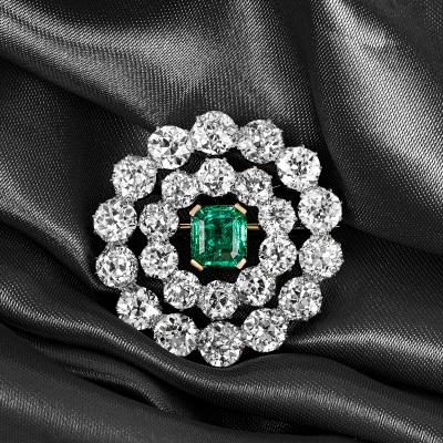 Early 20th Century Emerald & Diamond Brooch 12.40ct TDW
