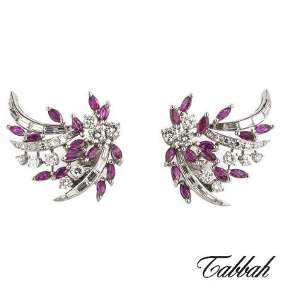 <p>Tabbah Platinum Ruby & Diamond Earclips c.1940</p>
