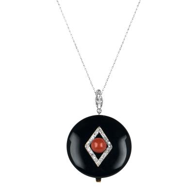 White Gold Onyx, Coral & Diamond Pendant c.1920.