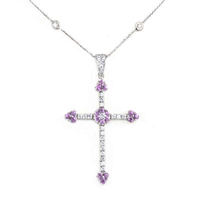 White Gold Diamond and Pink Sapphire Cross Pendant
