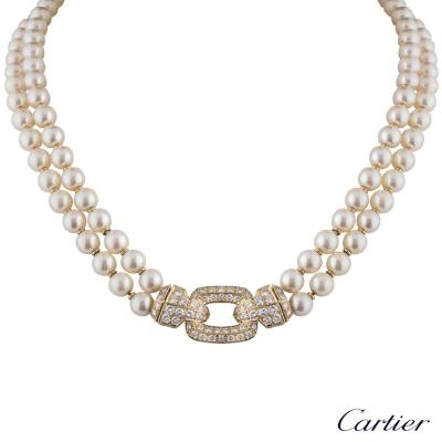 <p>Cartier 18k Yellow Gold Pearl & Diamond Necklace 3.06ct G/VS</p>
