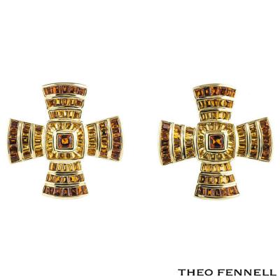 <p>Theo Fennell Yellow Gold Multi-Gem Cross Earrings</p>
