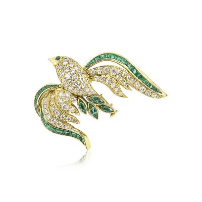 Yellow Gold Diamond & Emerald Bird Brooch
