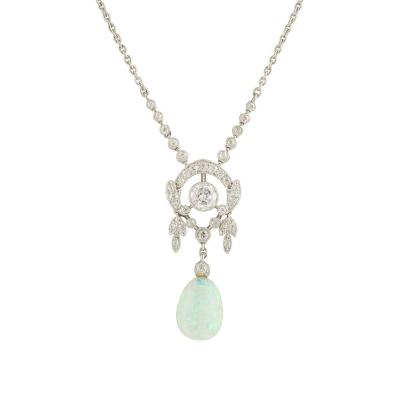 <p>White Gold Diamond and Opal?Belle Epoque Pendant</p>
