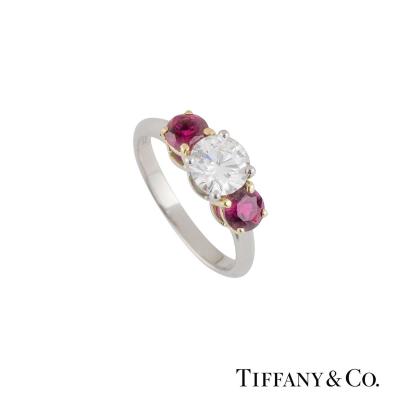 <p>Tiffany & Co. Three Stone Diamond and Ruby Platinum Ring 1.26ct, G/VVS2</p>
