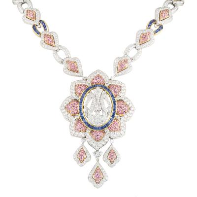 White Gold Diamond, Sapphire and Topaz Allah Necklace