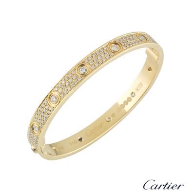 Cartier Yellow Gold Pave Diamond Love Bracelet Size 18 