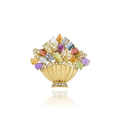 Yellow Gold Multi-Gem & Diamond Pendant Brooch