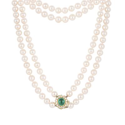 Yellow Gold Pearl, Emerald & Diamond Necklace