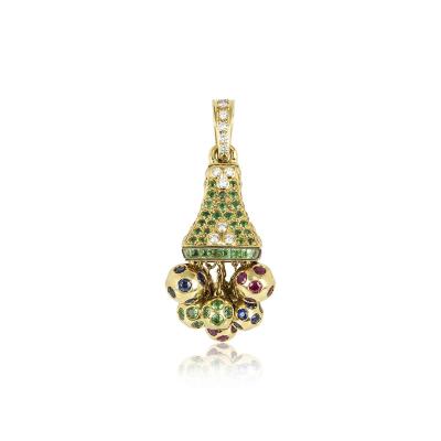 Yellow Gold Diamond And Multi-Gemstones Bell Pendant