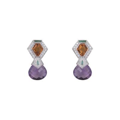 White Gold Diamond, Amethyst And Citrine Earrings