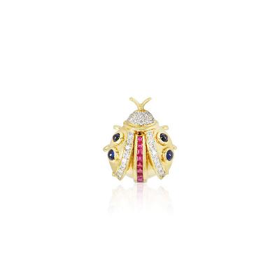 Yellow Gold Diamond, Ruby and Sapphire Ladybird Brooch