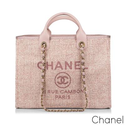Chanel Large Deauville Tote Pink Tweed Gold Tone Hardware