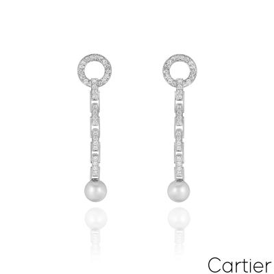 Cartier White Gold Pearl & Diamond Agrafe Earrings