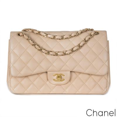 Chanel Beige Lambskin Jumbo Classic Double Flap Bag GHW 