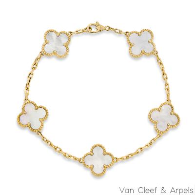 Van Cleef & Arpels Yellow Gold Mother of Pearl Vintage Alhambra 5 Motif Bracelet VCARA41800