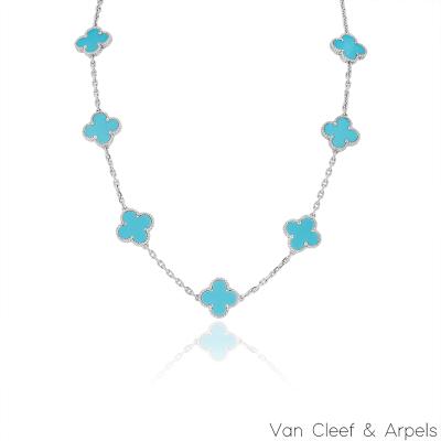 Van Cleef & Arpels White Gold Turquoise Vintage Alhambra 10 Motif Necklace VCARB84900