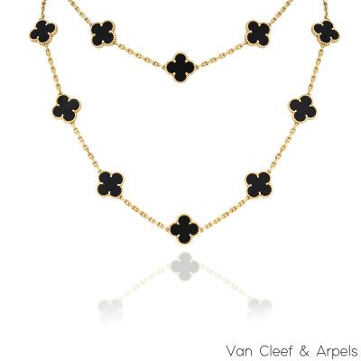 Van Cleef & Arpels Yellow Gold Onyx Vintage Alhambra 20 Motif Necklace VCARA43100