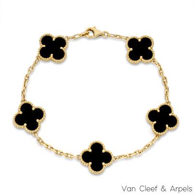 Van Cleef & Arpels Yellow Gold Onyx Vintage Alhambra 5 Motif Bracelet VCARA41300