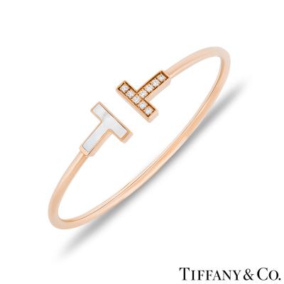 Tiffany & Co. Rose Gold Mother of Pearl & Diamond Tiffany T Wire Bracelet