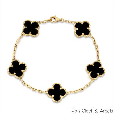 Van Cleef & Arpels Yellow Gold Onyx Vintage Alhambra 5 Motif Bracelet VCARA41300