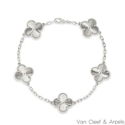Van Cleef & Arpels White Gold Guilloche Vintage Alhambra 5 Motif Bracelet VCARP9XE00