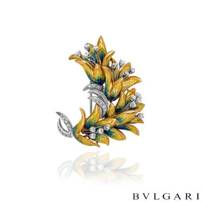 Bvlgari Yellow & White Gold Enamel & Diamond Brooch 1.38ct TDW
