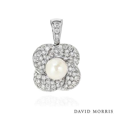 David Morris White Gold Diamond & Pearl Flower Pendant 1.54ct TDW