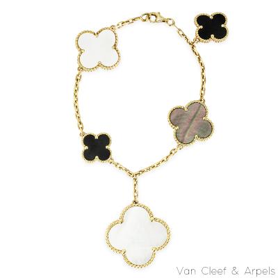 Van Cleef & Arpels Yellow Gold Mother of Pearl & Onyx Magic Alhambra 5 Motif Bracelet VCARD78700