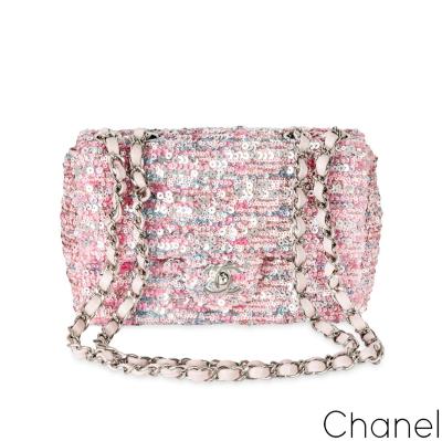 Chanel Pink & Silver Sequin Single Flap Silver Tone Hardware Bag
