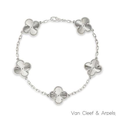 Van Cleef & Arpels White Gold Guilloche Vintage Alhambra 5 Motif Bracelet VCARP9XE00