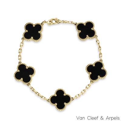Van Cleef & Arpels Yellow Gold Onyx Vintage Alhambra 5 Motif Bracelet VCARA41300