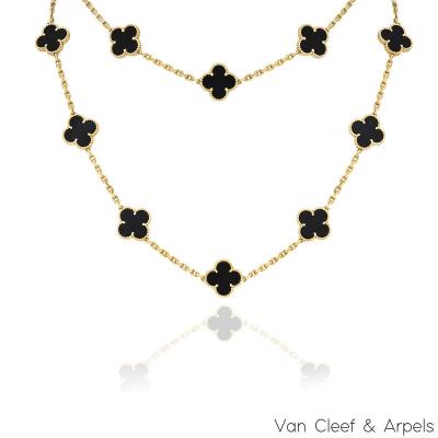 Van Cleef & Arpels Yellow Gold Onyx Vintage Alhambra 20 Motif Necklace VCARA43100