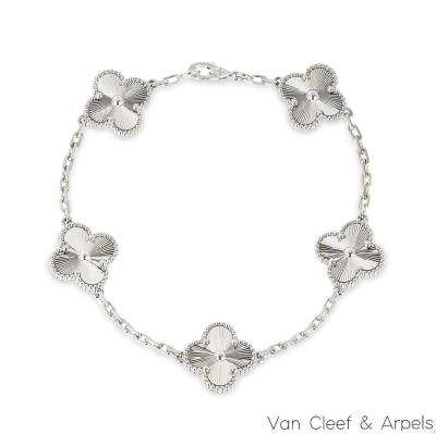 Van Cleef & Arpels White Gold Guilloche Vintage Alhambra 5 Motif Bracelet VCARP9XE00