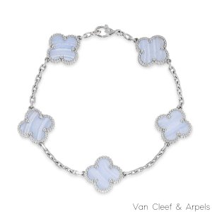 Van Cleef & Arpels White Gold Chalcedony Vintage Alhambra 5 Motif Bracelet VCARD34700