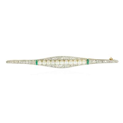 White and Yellow Gold Vintage Diamond Pearl and Emerald Brooch