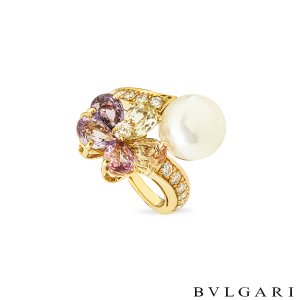 Bvlgari Yellow Gold Diamond, Pearl & Sapphire Contraire Ring Size 54
