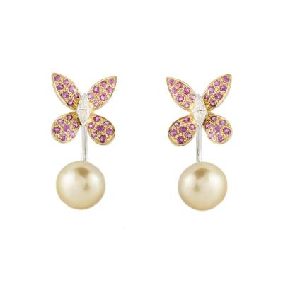 18k Yellow Gold Multi Gemstone Set Pearl Earrings
