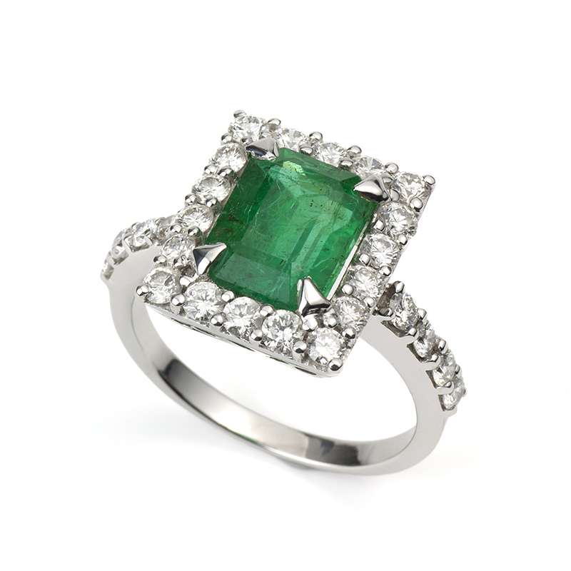 18k White Gold Emerald and Diamond Cluster Ring 2.75ct | Rich Diamonds