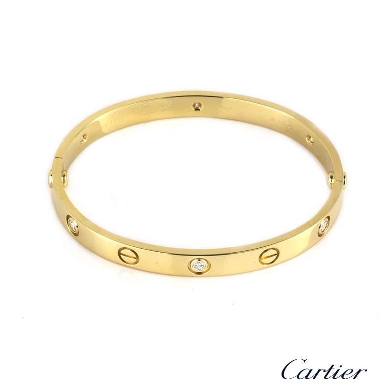 Cartier 18k Yellow Gold Half Diamond Love Bangle Size 17 B6035917 ...