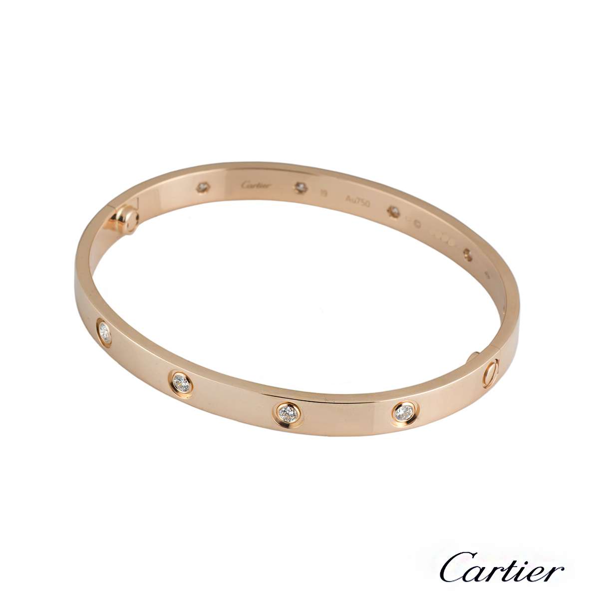 Cartier Rose Gold Full Diamond Love Bracelet Size 19 B&P B6040619 | Rich Diamonds