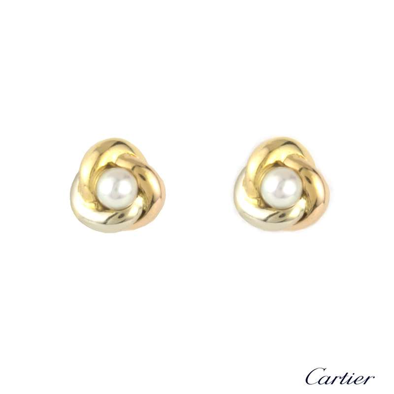 Cartier Three Colour Gold Trinity Pearl Earstuds | Rich Diamonds