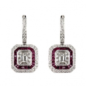 18WG Diamond 1.62TDW and Ruby Drop Earrings
