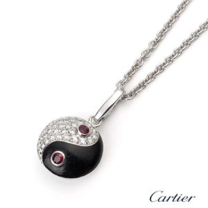 Cartier 18k White Gold Yin Yang Diamond, Enamel and Ruby Pendant