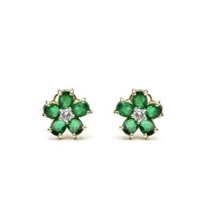 18YG Emerald and Diamond Cluster Earrings 0.16TDW