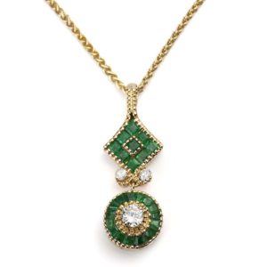18k Yellow Gold Emerald and Old Cut Diamond Necklace