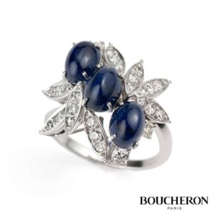 Boucheron 18k White Gold Cabochon Sapphire and Diamond Dress Ring